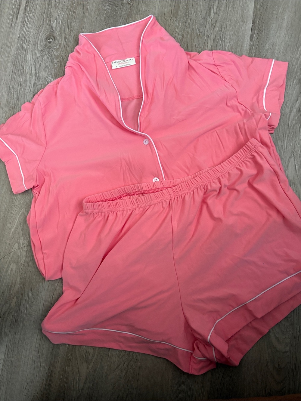 Bobbie Brooks Coral Pink Short Sleeve Pajama Set with White Piping